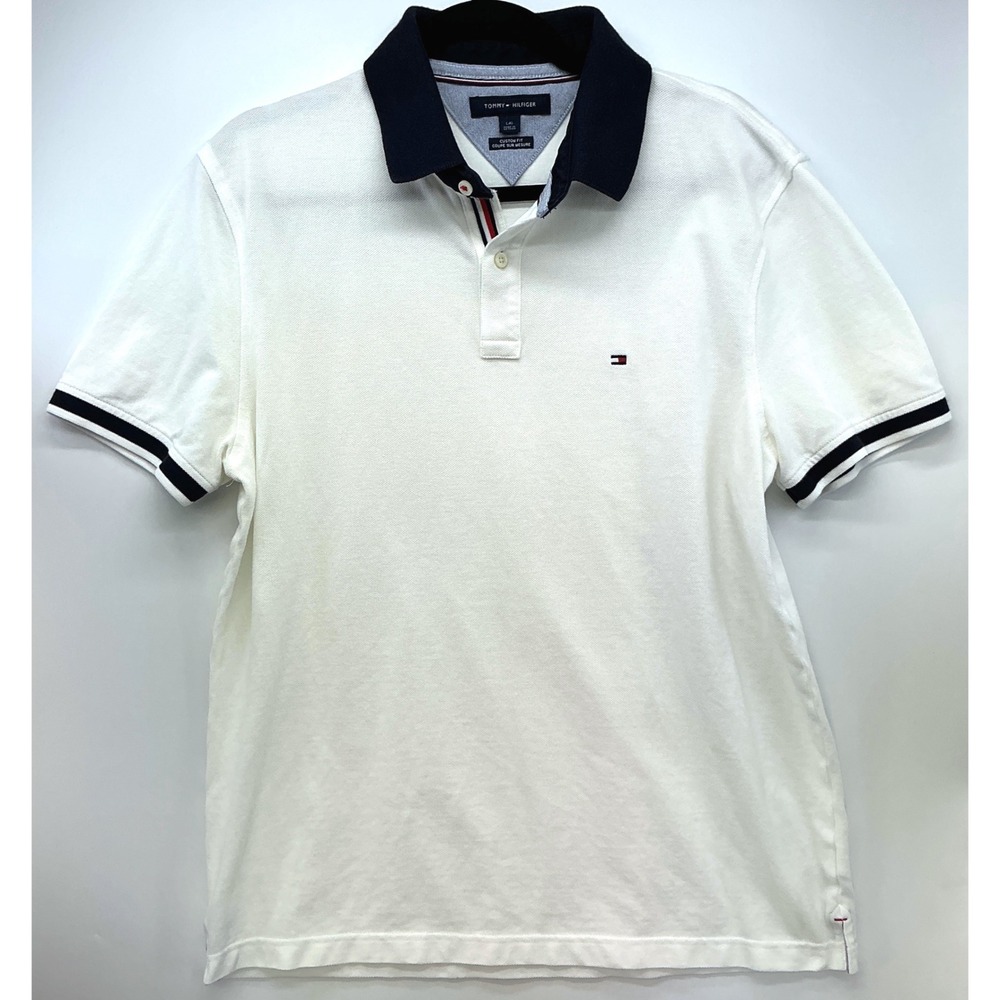Tommy Hilfiger Custom Fit Polo Shirt Sz L Preppy Country Club Core White Navy C